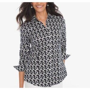 Chicos Caroline No Iron Button Down Shirt Size 2 Playful Loops Black and White